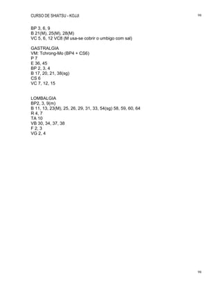 CURSO DE SHIATSU - KOJJI 98
98
BP 3, 6, 9
B 21(M), 25(M), 28(M)
VC 5, 6, 12 VC8 (M usa-se cobrir o umbigo com sal)
GASTRALGIA
VM: Tchrong-Mo (BP4 + CS6)
P 7
E 36, 45
BP 2, 3, 4
B 17, 20, 21, 38(sg)
CS 6
VC 7, 12, 15
LOMBALGIA
BP2, 3, 9(m)
B 11, 13, 23(M), 25, 26, 29, 31, 33, 54(sg) 58, 59, 60, 64
R 4, 7
TA 10
VB 30, 34, 37, 38
F 2, 3
VG 2, 4
 