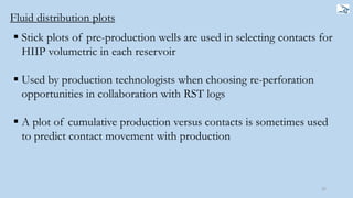Fluid distribution plots
32
 Stick plots of pre-production wells are used in selecting contacts for
HIIP volumetric in each reservoir
 Used by production technologists when choosing re-perforation
opportunities in collaboration with RST logs
 A plot of cumulative production versus contacts is sometimes used
to predict contact movement with production
 