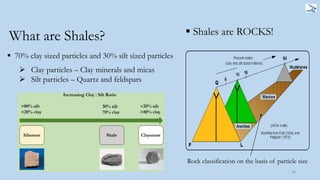 36
What are Shales?  Shales are ROCKS!
Rock classification on the basis of particle size
 70% clay sized particles and 30% silt sized particles
 Clay particles – Clay minerals and micas
 Silt particles – Quartz and feldspars
 