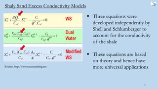 67
Shaly Sand Excess Conductivity Models
 Three equations were
developed independently by
Shell and Schlumberger to
account for the conductivity
of the shale
 These equations are based
on theory and hence have
more universal applicationsSource: http://www.nexttraining.net
 