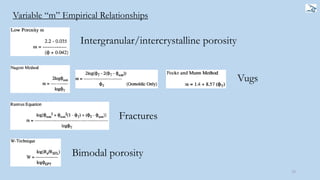73
Variable “m” Empirical Relationships
Intergranular/intercrystalline porosity
Vugs
Fractures
Bimodal porosity
 