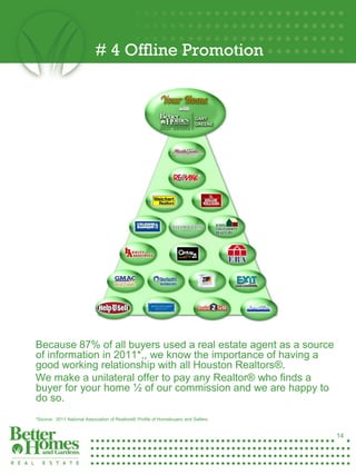 # 4 Offline Promotion




     Because 87% of all buyers used a real estate agent as a source
     of information in 2011*,, we know the importance of having a
     good working relationship with all Houston Realtors®.
     We make a unilateral offer to pay any Realtor® who finds a
14   buyer for your home ½ of our commission and we are happy to
     do so.
     *Source: 2011 National Association of Realtors® Profile of Homebuyers and Sellers.


                                                                                          14
 