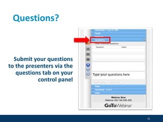 Questions?
Submit your questions
to the presenters via the
questions tab on your
control panel
11
Type your questions here
 