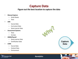 Capture Data
                  Figure out the best location to capture the data

•   Manual Capture
     – Smile Sheets
     – Tests
•   LMS
     – Course Data
     – Curriculum Data
     – Some Learner Data
•   Assessment Systems
     – Tests
     – Surveys
•   HRMS/Payroll
     – Some Learner Data
     – Certification Data                                            Capture
•   LCMS                                                              Data
     – Course Data
     – Content Data
     – Environment


                                     #analytics
 