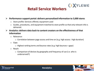Retail Service Workers

 Performance support portal: delivers personalized information to 3,000 stores
    o Store profile: Services offered, equipment used
    o Guides, procedures, and equipment matched to store profile so that only relevant info is
      delivered.
 Analytics: delivers data back to content creators on the effectiveness of that
  information
    o Relevance:
        o Correlation between page access and time on (e.g. high access : high duration)
    o Gaps
        o Highest ranking terms and bounce rates (e.g. high bounces = gaps)
    o Reach:
        o Comparison of devices by geography and frequency of use (i.e. who is
           underserved?)




                                        #analytics
 