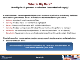 What is Big Data?
           How big data is gathered – and where the market is changing?


A collection of data sets so large and complex that it is difficult to process or analyze using traditional
database management tools. It has a characteristics that need to be managed such as:
• Volume: A constantly growing amount of data
• Velocity: The data moves and transforms at high speeds
• Variety: The data is differentiated, with multiple types of data
• Veracity: The data has high levels of trustworthiness, from how it is gathered to managed
• Variability: The consistency and dependability of the data (how often it can be collected)
• Complexity: You can connect and correlated relationships, hierarchies, and multiple data linkages

The challenges often include capture, curation, storage, search, sharing, analysis, and visualization.
• Granular and event driven

       2.5 quintillion bytes of data are created every day – 90% of all data in the world has
                                been created in the last 2 years alone.




                                               #analytics
 
