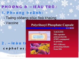 P H O Ø N G & Ñ IE Ë U T R Ò :
1. P h o ø n g b e ä n h :
 - Taêng cöôøng söùc ñeà khaùng
 - Vaccine




2 . Ñ ie à u t r ò : K S
 c e p h a l o s p o r in s
 