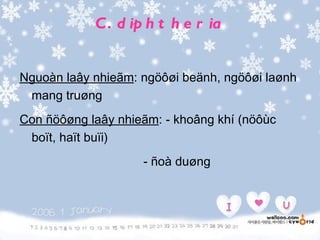 C . d ip h t h e r ia


Nguoàn laây nhieãm: ngöôøi beänh, ngöôøi laønh
 mang truøng
Con ñöôøng laây nhieãm: - khoâng khí (nöôùc
 boït, haït buïi)
                    - ñoà duøng
 