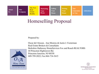 About
Us

Our
Company

The New
Real
Estate
Reality

Marketing
Your
Home

Selling
Your
Home

Our
Guarantee
to You

Home Marketing Proposal
Prepared by:
Oscar del Alcazar, Ana Monroy & Justin J. Footerman
Real Estate Brokers & Consultants
Berkshire Hathaway HomeServices Fox and Roach REALTORS
44 Princeton Hightstown Rd.
Princeton Junction, NJ 08550
609-799-2022; Fax:866-734-3615

 