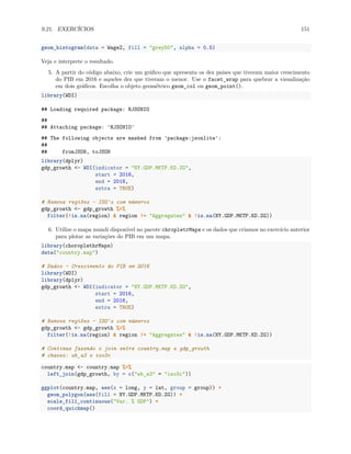 9.21. EXERCÍCIOS 151
geom_histogram(data = Wage2, fill = "grey50", alpha = 0.5)
Veja e interprete o resultado.
5. A partir do código abaixo, crie um gráfico que apresenta os dez países que tiveram maior crescimento
do PIB em 2016 e aqueles dez que tiveram o menor. Use o facet_wrap para quebrar a visualização
em dois gráficos. Escolha o objeto geométrico geom_col ou geom_point().
library(WDI)
## Loading required package: RJSONIO
##
## Attaching package: 'RJSONIO'
## The following objects are masked from 'package:jsonlite':
##
## fromJSON, toJSON
library(dplyr)
gdp_growth <- WDI(indicator = "NY.GDP.MKTP.KD.ZG",
start = 2016,
end = 2016,
extra = TRUE)
# Remove regiões - ISO's com números
gdp_growth <- gdp_growth %>%
filter(!is.na(region) & region != "Aggregates" & !is.na(NY.GDP.MKTP.KD.ZG))
6. Utilize o mapa mundi disponível no pacote chropletrMaps e os dados que criamos no exercício anterior
para plotar as variações do PIB em um mapa.
library(choroplethrMaps)
data("country.map")
# Dados - Crescimento do PIB em 2016
library(WDI)
library(dplyr)
gdp_growth <- WDI(indicator = "NY.GDP.MKTP.KD.ZG",
start = 2016,
end = 2016,
extra = TRUE)
# Remove regiões - ISO's com números
gdp_growth <- gdp_growth %>%
filter(!is.na(region) & region != "Aggregates" & !is.na(NY.GDP.MKTP.KD.ZG))
# Continue fazendo o join entre country.map e gdp_growth
# chaves: wb_a3 e iso3c
country.map <- country.map %>%
left_join(gdp_growth, by = c("wb_a3" = "iso3c"))
ggplot(country.map, aes(x = long, y = lat, group = group)) +
geom_polygon(aes(fill = NY.GDP.MKTP.KD.ZG)) +
scale_fill_continuous("Var. % GDP") +
coord_quickmap()
 