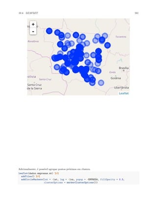 10.4. LEAFLET 161
Adicionalmente, é possível agrupar pontos próximos em clusters.
leaflet(dados.empresas.mt) %>%
addTiles() %>%
addCircleMarkers(lat = ~lat, lng = ~lon, popup = ~EMPRESA, fillOpacity = 0.3,
clusterOptions = markerClusterOptions())
 
