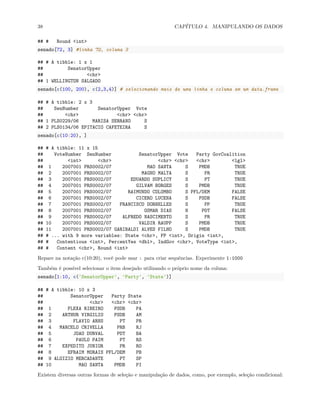 38 CAPÍTULO 4. MANIPULANDO OS DADOS
## # Round <int>
senado[72, 3] #linha 72, coluna 3
## # A tibble: 1 x 1
## SenatorUpper
## <chr>
## 1 WELLINGTON SALGADO
senado[c(100, 200), c(2,3,4)] # selecionando mais de uma linha e coluna em um data.frame
## # A tibble: 2 x 3
## SenNumber SenatorUpper Vote
## <chr> <chr> <chr>
## 1 PLS0229/06 MARISA SERRANO S
## 2 PLS0134/06 EPITACIO CAFETEIRA S
senado[c(10:20), ]
## # A tibble: 11 x 15
## VoteNumber SenNumber SenatorUpper Vote Party GovCoalition
## <int> <chr> <chr> <chr> <chr> <lgl>
## 1 2007001 PRS0002/07 MAO SANTA S PMDB TRUE
## 2 2007001 PRS0002/07 MAGNO MALTA S PR TRUE
## 3 2007001 PRS0002/07 EDUARDO SUPLICY S PT TRUE
## 4 2007001 PRS0002/07 GILVAM BORGES S PMDB TRUE
## 5 2007001 PRS0002/07 RAIMUNDO COLOMBO S PFL/DEM FALSE
## 6 2007001 PRS0002/07 CICERO LUCENA S PSDB FALSE
## 7 2007001 PRS0002/07 FRANCISCO DORNELLES S PP TRUE
## 8 2007001 PRS0002/07 OSMAR DIAS N PDT FALSE
## 9 2007001 PRS0002/07 ALFREDO NASCIMENTO S PR TRUE
## 10 2007001 PRS0002/07 VALDIR RAUPP S PMDB TRUE
## 11 2007001 PRS0002/07 GARIBALDI ALVES FILHO S PMDB TRUE
## # ... with 9 more variables: State <chr>, FP <int>, Origin <int>,
## # Contentious <int>, PercentYes <dbl>, IndGov <chr>, VoteType <int>,
## # Content <chr>, Round <int>
Repare na notação c(10:20), você pode usar : para criar sequências. Experimente 1:1000
Também é possível selecionar o item desejado utilizando o próprio nome da coluna:
senado[1:10, c('SenatorUpper', 'Party', 'State')]
## # A tibble: 10 x 3
## SenatorUpper Party State
## <chr> <chr> <chr>
## 1 FLEXA RIBEIRO PSDB PA
## 2 ARTHUR VIRGILIO PSDB AM
## 3 FLAVIO ARNS PT PR
## 4 MARCELO CRIVELLA PRB RJ
## 5 JOAO DURVAL PDT BA
## 6 PAULO PAIM PT RS
## 7 EXPEDITO JUNIOR PR RO
## 8 EFRAIM MORAIS PFL/DEM PB
## 9 ALOIZIO MERCADANTE PT SP
## 10 MAO SANTA PMDB PI
Existem diversas outras formas de seleção e manipulação de dados, como, por exemplo, seleção condicional:
 