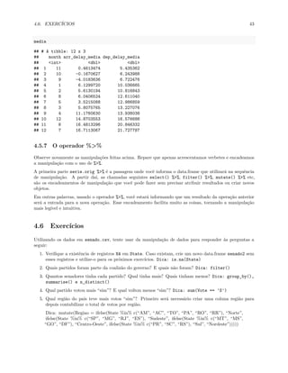 4.6. EXERCÍCIOS 43
media
## # A tibble: 12 x 3
## month arr_delay_media dep_delay_media
## <int> <dbl> <dbl>
## 1 11 0.4613474 5.435362
## 2 10 -0.1670627 6.243988
## 3 9 -4.0183636 6.722476
## 4 1 6.1299720 10.036665
## 5 2 5.6130194 10.816843
## 6 8 6.0406524 12.611040
## 7 5 3.5215088 12.986859
## 8 3 5.8075765 13.227076
## 9 4 11.1760630 13.938038
## 10 12 14.8703553 16.576688
## 11 6 16.4813296 20.846332
## 12 7 16.7113067 21.727787
4.5.7 O operador %>%
Observe novamente as manipulações feitas acima. Repare que apenas acrescentamos verbetes e encadeamos
a manipulação com o uso de %>%.
A primeira parte serie.orig %>% é a passagem onde você informa o data.frame que utilizará na sequência
de manipulação. A partir daí, as chamadas seguintes select() %>%, filter() %>%, mutate() %>% etc,
são os encadeamentos de manipulação que você pode fazer sem precisar atribuir resultados ou criar novos
objetos.
Em outras palavras, usando o operador %>%, você estará informando que um resultado da operação anterior
será a entrada para a nova operação. Esse encadeamento facilita muito as coisas, tornando a manipulação
mais legível e intuitiva.
4.6 Exercícios
Utilizando os dados em senado.csv, tente usar da manipulação de dados para responder às perguntas a
seguir:
1. Verifique a existência de registros NA em State. Caso existam, crie um novo data.frame senado2 sem
esses registros e utilize-o para os próximos exercícios. Dica: is.na(State)
2. Quais partidos foram parte da coalizão do governo? E quais não foram? Dica: filter()
3. Quantos senadores tinha cada partido? Qual tinha mais? Quais tinham menos? Dica: group_by(),
summarise() e n_distinct()
4. Qual partido votou mais “sim”? E qual voltou menos “sim”? Dica: sum(Vote == 'S')
5. Qual região do país teve mais votos “sim”? Primeiro será necessário criar uma coluna região para
depois contabilizar o total de votos por região.
Dica: mutate(Regiao = ifelse(State %in% c(“AM”, “AC”, “TO”, “PA”, “RO”, “RR”), “Norte”,
ifelse(State %in% c(“SP”, “MG”, “RJ”, “ES”), “Sudeste”, ifelse(State %in% c(“MT”, “MS”,
“GO”, “DF”), “Centro-Oeste”, ifelse(State %in% c(“PR”, “SC”, “RS”), “Sul”, “Nordeste”)))))
 