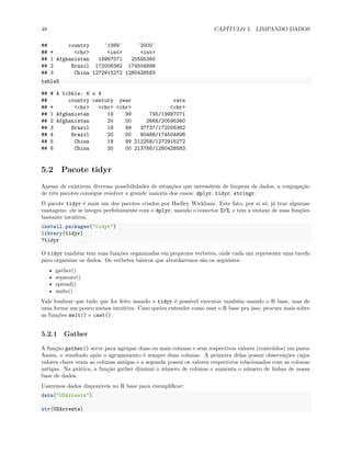 48 CAPÍTULO 5. LIMPANDO DADOS
## country `1999` `2000`
## * <chr> <int> <int>
## 1 Afghanistan 19987071 20595360
## 2 Brazil 172006362 174504898
## 3 China 1272915272 1280428583
table5
## # A tibble: 6 x 4
## country century year rate
## * <chr> <chr> <chr> <chr>
## 1 Afghanistan 19 99 745/19987071
## 2 Afghanistan 20 00 2666/20595360
## 3 Brazil 19 99 37737/172006362
## 4 Brazil 20 00 80488/174504898
## 5 China 19 99 212258/1272915272
## 6 China 20 00 213766/1280428583
5.2 Pacote tidyr
Apesar de existirem diversas possibilidades de situações que necessitem de limpeza de dados, a conjugação
de três pacotes consegue resolver a grande maioria dos casos: dplyr, tidyr, stringr.
O pacote tidyr é mais um dos pacotes criados por Hadley Wickham. Este fato, por si só, já traz algumas
vantagens: ele se integra perfeitamente com o dplyr, usando o conector %>%, e tem a sintaxe de suas funções
bastante intuitiva.
install.packages("tidyr")
library(tidyr)
?tidyr
O tidyr também tem suas funções organizadas em pequenos verbetes, onde cada um representa uma tarefa
para organizar os dados. Os verbetes básicos que abordaremos são os seguintes:
• gather()
• separate()
• spread()
• unite()
Vale lembrar que tudo que for feito usando o tidyr é possível executar também usando o R base, mas de
uma forma um pouco menos intuitiva. Caso queira entender como usar o R base pra isso, procure mais sobre
as funções melt() e cast().
5.2.1 Gather
A função gather() serve para agrupar duas ou mais colunas e seus respectivos valores (conteúdos) em pares.
Assim, o resultado após o agrupamento é sempre duas colunas. A primeira delas possui observações cujos
valores chave eram as colunas antigas e a segunda possui os valores respectivos relacionados com as colunas
antigas. Na prática, a função gather diminui o número de colunas e aumenta o número de linhas de nossa
base de dados.
Usaremos dados disponíveis no R base para exemplificar:
data("USArrests")
str(USArrests)
 