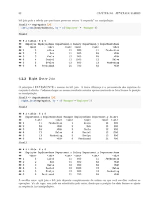 62 CAPÍTULO 6. JUNTANDO DADOS
left join pois a tabela que queríamos preservar estava “à esquerda” na manipulação.
final2 <- empregados %>%
left_join(departamentos, by = c('Employee' = 'Manager'))
final2
## # A tibble: 6 x 6
## Employee EmployeeName Department.x Salary Department.y DepartmentName
## <int> <chr> <int> <int> <int> <chr>
## 1 1 Alice 11 800 11 Production
## 2 2 Bob 11 600 NA <NA>
## 3 3 Carla 12 900 NA <NA>
## 4 4 Daniel 12 1000 12 Sales
## 5 5 Evelyn 13 800 13 Marketing
## 6 6 Ferdinand 21 700 NA <NA>
6.2.3 Right Outer Join
O princípio é EXATAMENTE o mesmo do left join. A única diferença é a permanência dos registros do
conjunto à direita. Podemos chegar ao mesmo resultado anterior apenas mudando os data frames de posição
na manipulação.
final3 <- departamentos %>%
right_join(empregados, by = c('Manager'='Employee'))
final3
## # A tibble: 6 x 6
## Department.x DepartmentName Manager EmployeeName Department.y Salary
## <int> <chr> <int> <chr> <int> <int>
## 1 11 Production 1 Alice 11 800
## 2 NA <NA> 2 Bob 11 600
## 3 NA <NA> 3 Carla 12 900
## 4 12 Sales 4 Daniel 12 1000
## 5 13 Marketing 5 Evelyn 13 800
## 6 NA <NA> 6 Ferdinand 21 700
final2
## # A tibble: 6 x 6
## Employee EmployeeName Department.x Salary Department.y DepartmentName
## <int> <chr> <int> <int> <int> <chr>
## 1 1 Alice 11 800 11 Production
## 2 2 Bob 11 600 NA <NA>
## 3 3 Carla 12 900 NA <NA>
## 4 4 Daniel 12 1000 12 Sales
## 5 5 Evelyn 13 800 13 Marketing
## 6 6 Ferdinand 21 700 NA <NA>
A escolha entre right join e left join depende completamente da ordem em que você escolher realizar as
operações. Via de regra, um pode ser substituído pelo outro, desde que a posição dos data frames se ajuste
na sequência das manipulações.
 