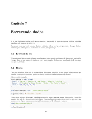 Capítulo 7
Escrevendo dados
Já na fase final da sua análise, pode ser que apareça a necessidade de gerar-se arquivos: gráficos, relatórios,
planilhas, pdf, arquivos de dados etc.
Da mesma forma que você consome dados e relatórios, talvez você precise produzir e divulgar dados e
relatórios para outras pessoas analisarem, ou mesmo para publicação.
7.1 Escrevendo csv
O formato mais básico e mais utilizado, mundialmente, para envio e recebimento de dados entre instituições
é o csv. Escrever um arquivo de dados em csv é muito simples. Utilizaremos uma função do R base para
isso: write.table().
7.2 Rdata
Caso seja necessário salvar um ou vários objetos para passar a alguém, ou até mesmo para continuar seu
trabalho a partir de certo ponto, pode-se utilizar o formato de dados próprios do R: Rdata.
Veja o seguinte exemplo:
participantes <- data.frame(
Nome = c('Carlos', 'Maurício', 'Ana Maria', 'Rebeca', 'Patrícia'),
Estado = c('Brasília', 'Minas Gerais', 'Goiás', 'São Paulo', 'Ceará'),
Idade = c(23, 24, 22, 29, 28)
)
save(participantes, file = 'participantes.Rdata')
rm(participantes) # removendo o objeto
Pronto, você salvou o objeto participantes no arquivo participantes.Rdata. Este arquivo é específico
para ser lido pelo R e interpretado como objeto. Como excluímos o arquivo, tente exibí-lo para ver o que
acontece: erro. Agora vejamos como carregá-lo novamente no R, utilizando o arquivo.
load('participantes.Rdata')
str(participantes)
67
 