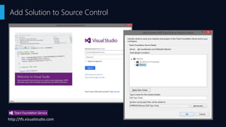 Add Solution to Source Control
http://tfs.visualstudio.com
 