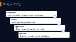 Design a strategy
Operations
• Break down solution into specific units of work [Modules]
Volume
• Identify data volumes at each stage
Application
• Select the right SQL technology for the job
Location
• Determine where the operations take place
 