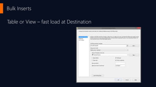 Bulk Inserts
Table or View – fast load at Destination
 