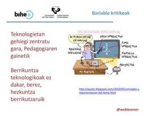 Bariable kritikoak



Teknologietan
gehiegi zentratu
gara, Pedagogiaren
gainetik

Berrikuntza
teknologikoak ez
dakar, berez,
                     http://ayutec.blogspot.com/2010/05/consepto-y-
hezkuntza            representacion-del-tema.html

berrikutzaruik
                                                 @weblearner
 