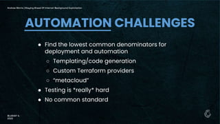 ● Find the lowest common denominators for
deployment and automation
○ Templating/code generation
○ Custom Terraform providers
○ “metacloud”
● Testing is *really* hard
● No common standard
AUTOMATION CHALLENGES
Andrew Morris | Staying Ahead Of Internet Background Exploitation
BLUEHAT IL
2022
 