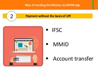 Way of sending the Money via BHIM app
Payment without the basis of UPI
 IFSC
 MMID
 Account transfer
2
 