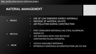 MATERIAL MANAGEMENT
• USE OF LOW EMBODIED ENERGY MATERIALS
• WASTAGE OF MATERIAL ON SITE
• AIR POLLUTION DURING CONSTRUCTION
• POST CONSUMER MATERIALS LIKE STEAL ALUMINUM,
WOOD ETC
• USE MATERIALS WITH HIGH RECYCLED
CONTENT/RECYCLING POTENTIAL
• LOCALLY AVAILABLE MATERIALS
• BYPRODUCT MATERIALS IN CONSTRUCTION LIKE FLY ASH
 REDUCE
 RECYCLE
 REUSE
(Acc. to the Saifee Burhani Upliftment trust.)
 