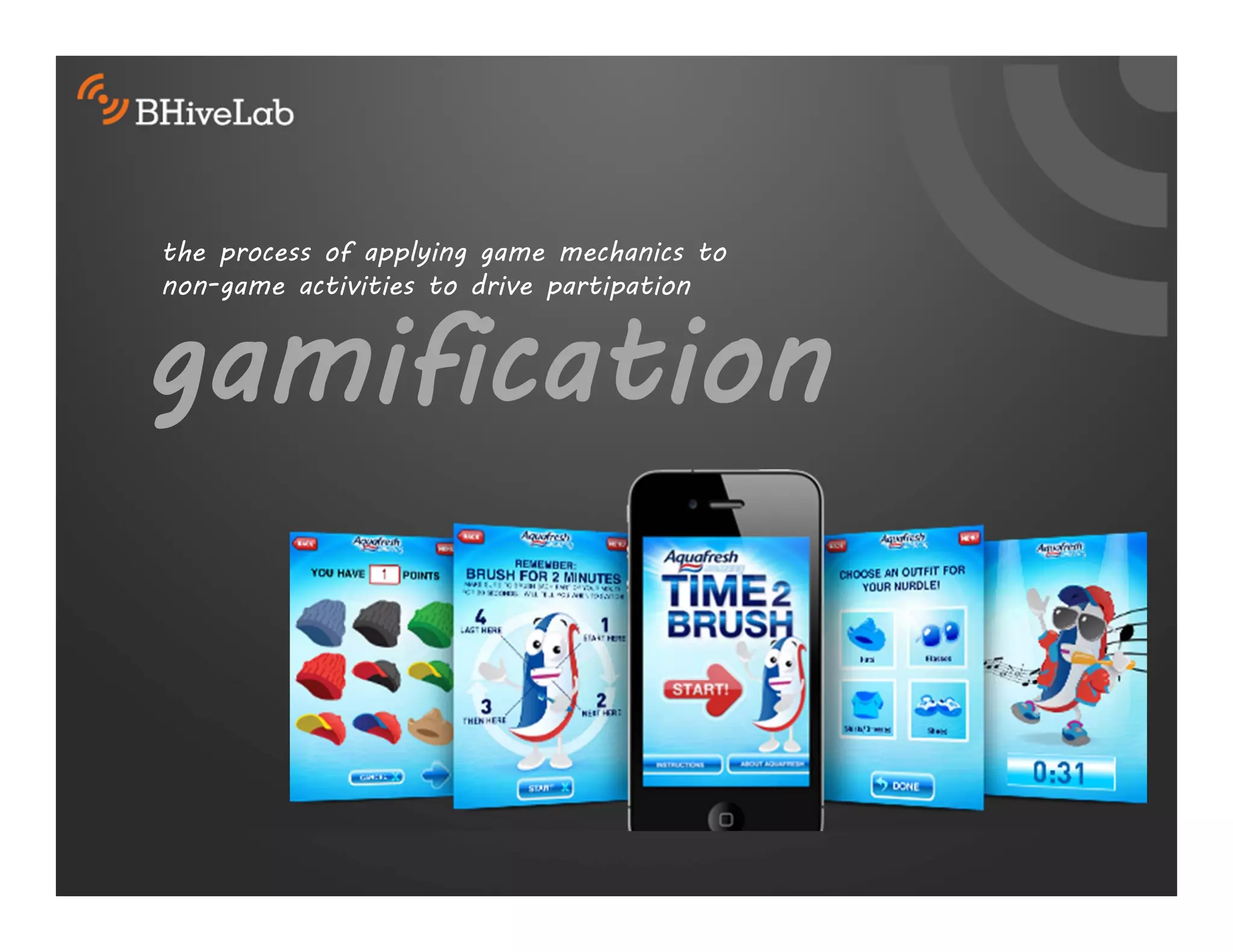 the process of applying game mechanics to
gamification
non-game activities to drive partipation