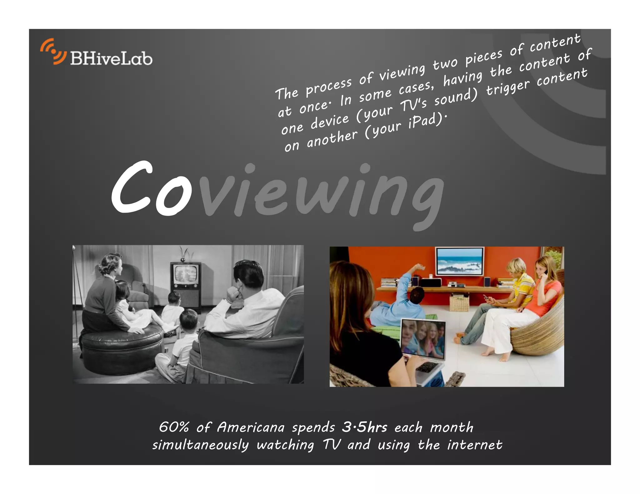60% of Americana spends 3.5hrs each month
simultaneously watching TV and using the internet