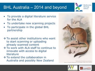 BHL Australia – 2014 and beyond
• To provide a digital literature service
for the ALA
• To undertake new scanning projects
• To participate in the global BHL
partnership
 To assist other institutions who want
to start scanning or uploading
already scanned content
 To work with ALA staff to continue to
innovate with access to digital
literature
 To extend the collaboration in
Australia and possibly New Zealand
 