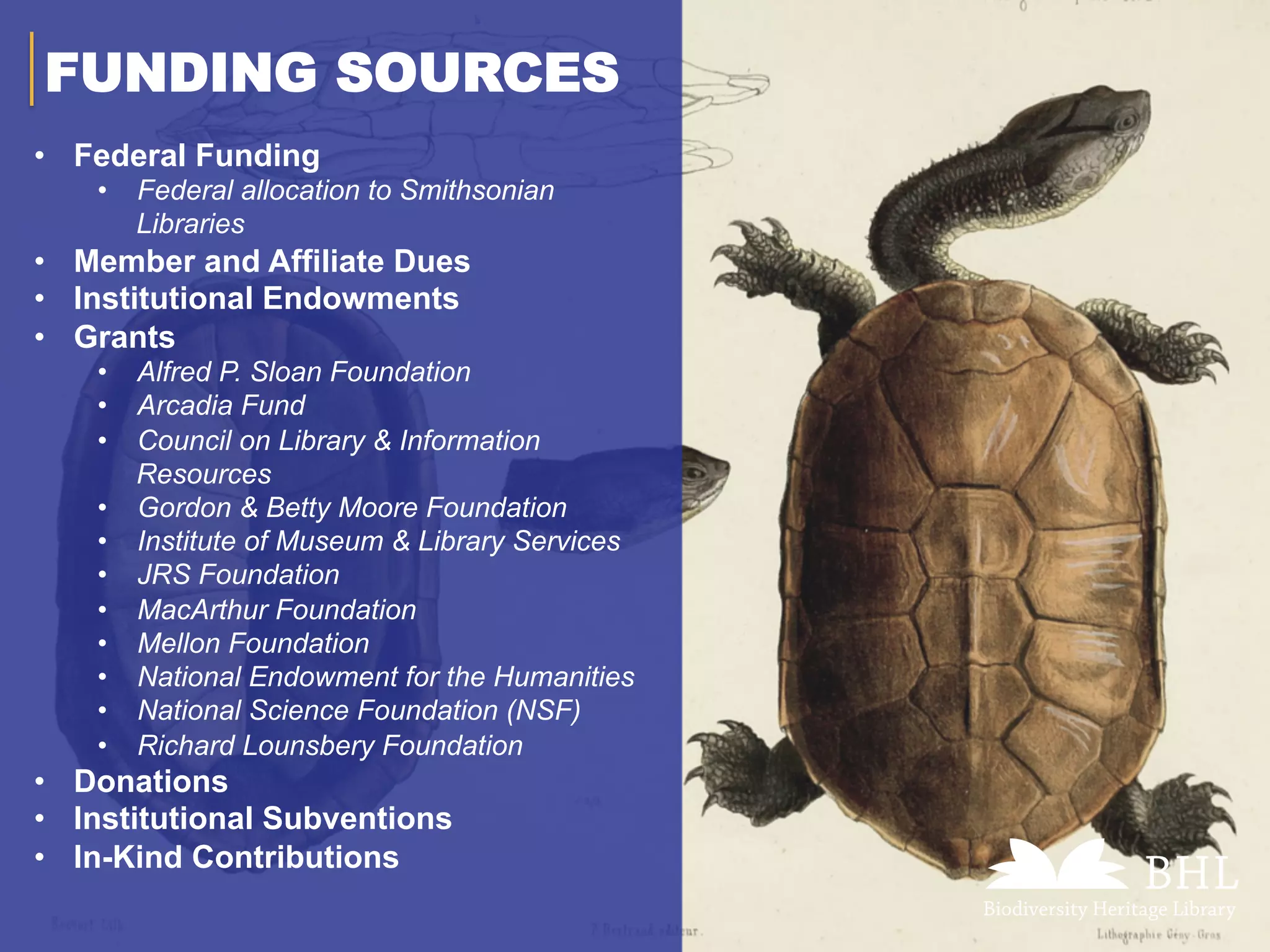 FUNDING SOURCES
•  Federal Funding
•  Federal allocation to Smithsonian
Libraries
•  Member and Affiliate Dues
•  Institutional Endowments
•  Grants
•  Alfred P. Sloan Foundation
•  Arcadia Fund
•  Council on Library & Information
Resources
•  Gordon & Betty Moore Foundation
•  Institute of Museum & Library Services
•  JRS Foundation
•  MacArthur Foundation
•  Mellon Foundation
•  National Endowment for the Humanities
•  National Science Foundation (NSF)
•  Richard Lounsbery Foundation
•  Donations
•  Institutional Subventions
•  In-Kind Contributions
 