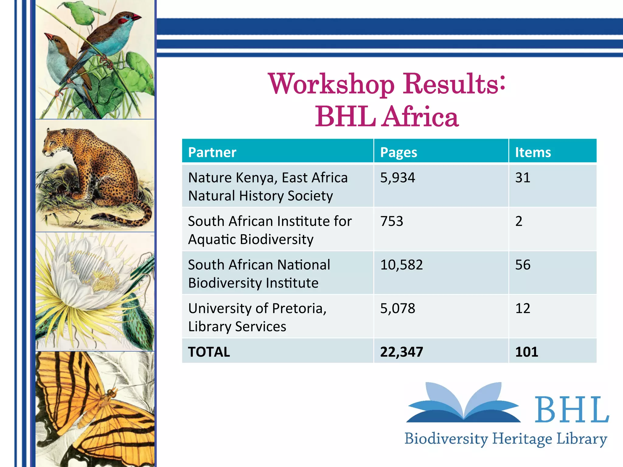 Workshop Results:
BHL Africa
Partner	 Pages		 Items	
Nature	Kenya,	East	Africa	
Natural	History	Society	
5,934	 31	
South	African	Ins.tute	for	
Aqua.c	Biodiversity	
753	 2	
South	African	Na.onal	
Biodiversity	Ins.tute	
10,582	 56	
University	of	Pretoria,	
Library	Services	
5,078	 12	
TOTAL	 22,347	 101	
 