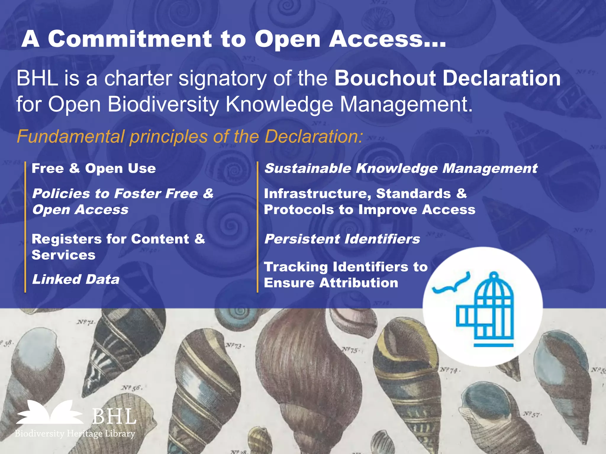 A Commitment to Open Access…
BHL is a charter signatory of the Bouchout Declaration
for Open Biodiversity Knowledge Management.
Fundamental principles of the Declaration:
Free & Open Use
Policies to Foster Free &
Open Access
Persistent Identifiers
Tracking Identifiers to
Ensure Attribution
Infrastructure, Standards &
Protocols to Improve Access
Linked Data
Sustainable Knowledge Management
Registers for Content &
Services
 