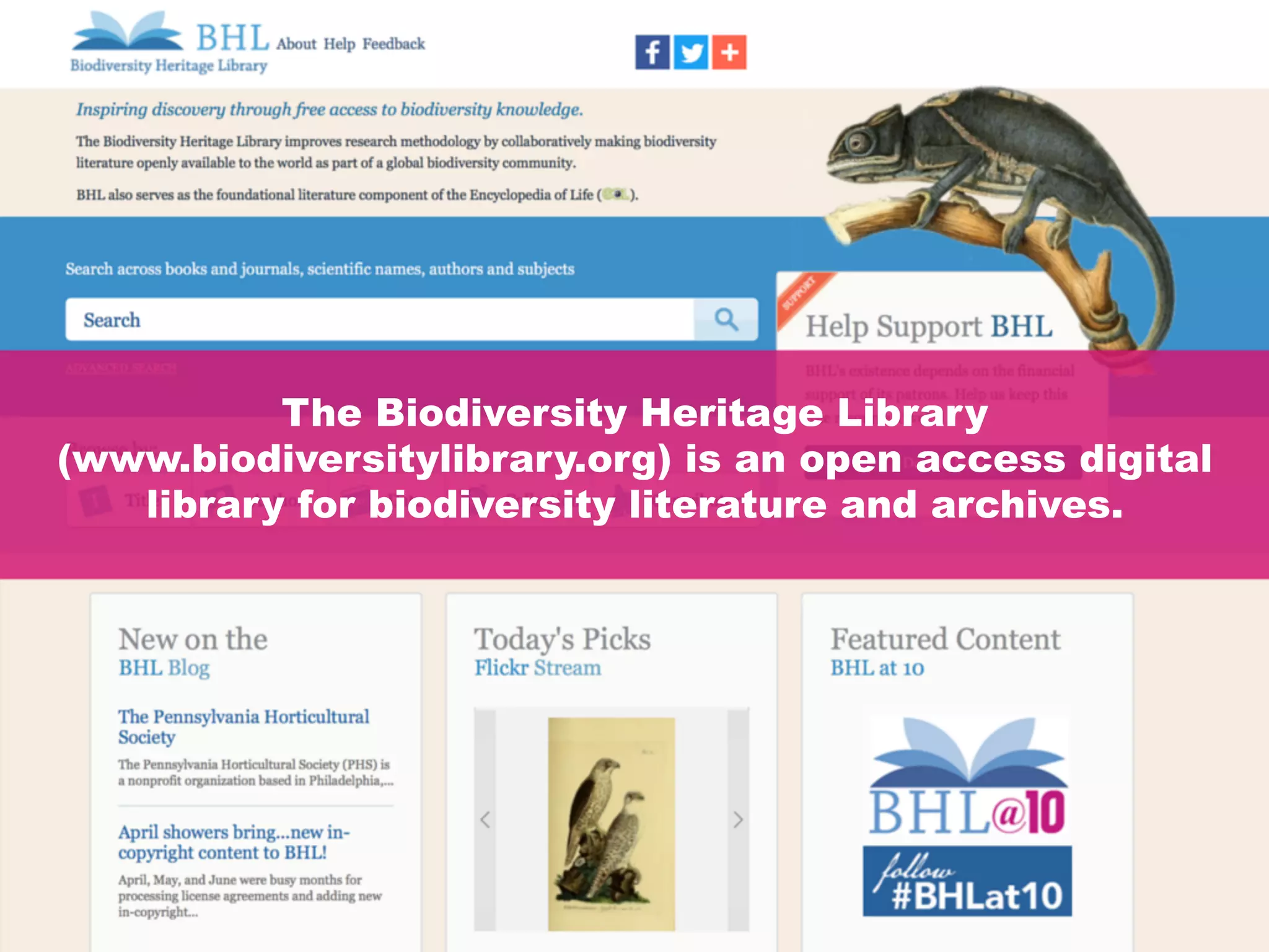 The Biodiversity Heritage Library
(www.biodiversitylibrary.org) is an open access digital
library for biodiversity literature and archives.
 