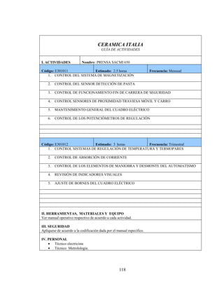 CERAMICA ITALIA
GUÍA DE ACTIVIDADES
I. ACTIVIDADES

Nombre : PRENSA SACMI 650

Código: E301011
Estimado: 2.5 horas
1. CONTROL DEL SISTEMA DE MAGNETIZACIÓN

Frecuencia: Mensual

2.

CONTROL DEL SENSOR DETECCIÓN DE PASTA

3.

CONTROL DE FUNCIONAMIENTO FIN DE CARRERA DE SEGURIDAD

4.

CONTROL SENSORES DE PROXIMIDAD TRAVIESA MÓVIL Y CARRO

5.

MANTENIMIENTO GENERAL DEL CUADRO ELÉCTRICO

6.

CONTROL DE LOS POTENCIÓMETROS DE REGULACIÓN

Código: E301012
Estimado: 3 horas
Frecuencia: Trimestral
1. CONTROL SISTEMAS DE REGULACIÓN DE TEMPERATURA Y TERMOPARES
2.

CONTROL DE ABSORCIÓN DE CORRIENTE

3.

CONTROL DE LOS ELEMENTOS DE MANIOBRA Y DESMONTE DEL AUTOMATISMO

4.

REVISIÓN DE INDICADORES VISUALES

5.

AJUSTE DE BORNES DEL CUADRO ELÉCTRICO

II. HERRAMIENTAS, MATERIALES Y EQUIPO
Ver manual operativo respectivo de acuerdo a cada actividad.
III. SEGURIDAD
Aplíquese de acuerdo a la codificación dada por el manual específico.
IV. PERSONAL
• Técnico electricista
• Técnico Metrolologia.

118

 