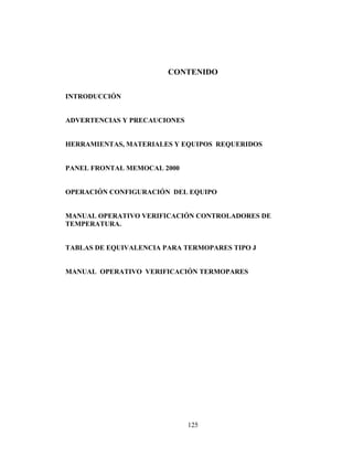 CONTENIDO
INTRODUCCIÓN
ADVERTENCIAS Y PRECAUCIONES
HERRAMIENTAS, MATERIALES Y EQUIPOS REQUERIDOS
PANEL FRONTAL MEMOCAL 2000
OPERACIÓN CONFIGURACIÓN DEL EQUIPO
MANUAL OPERATIVO VERIFICACIÓN CONTROLADORES DE
TEMPERATURA.
TABLAS DE EQUIVALENCIA PARA TERMOPARES TIPO J
MANUAL OPERATIVO VERIFICACIÓN TERMOPARES

125

 