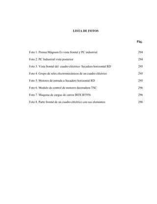 LISTA DE FOTOS
Pág.
Foto 1. Prensa Mágnum Es vista frontal y PC industrial

294

Foto 2. PC Industrial vista posterior

294

Foto 3. Vista frontal del cuadro eléctrico Secadero horizontal RD

295

Foto 4. Grupo de reles electromecánicos de un cuadro eléctrico

295

Foto 5. Motores de entrada a Secadero horizontal RD

295

Foto 6. Modulo de control de motores decoradora TSC

296

Foto 7. Maquina de cargue de carros BOX BT956

296

Foto 8. Parte frontal de un cuadro eléctrico con sus elementos

296

 