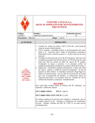 PRENSA MÁGNUM ES

CERAMICA ITALIA S.A.
MANUAL OPERATIVO DE MANTENIMIENTO
PREVENTIVO
Código:
Nombre:
E303011
PRENSA MÁGNUM ES
Frecuencia: Mensual
Hoja: 7 de 16

Estimado (horas):
2.5

ACTIVIDAD

OPERACIÓN

E11
CONTROL
FINALES DE
CARRERA
DEL CARRO
LINEAL
DE CARGA

1. Localice los finales de carrera (FC3 y FC4) del carro lineal de
carga en su parte lateral derecha.
2. Con la maquina encendida efectué el posicionamiento del carro
lineal a la “posición atrás”, desde el automatismo electrónico
(Interruptor carro) y efectué los pasos 3 y 4 para cada uno de estos
sensores.
3. Verifique la interacción de la leva de fin de posición del carro con
el rodillo de actuación del final de carrera, el TTP (posición de viaje
total) del final de carrera no debe ser mayor de 45 grados.
Compruebe su ajuste y posición, si es necesario realice la
regulación desplazando axialmente los soportes del final de carrera.
4. Inspeccione visualmente cualquier deformación o rotura del final
de carrera, palanca y rodillo de actuación (desgaste). Si ello se
presenta se debe realizar la inmediata sustitución. Haga llegar los
cables a la prensa-estopa con un radio de curvatura de tal forma
que evite la penetración de líquidos. A continuación realice la
inspección del cable, si es necesario retire los tornillos (2) de la
cubierta del elemento y sustitúyalo inmediatamente.
RECUERDE
Que usted debe verificar desde el software del PC industrial
siguientes condiciones lógicas.
FIN CARRO ATRÁS:

las

INP 31 = [x]= 1.

FIN CARRO ADELANTE: INP 30 = [ ]= 0.
Por último restablezca la posición carro adelante y compruebe que en
los estados lógicos de las entradas se establezcan las condiciones
inversas. Siempre verifique que INP 30 e INP 31 no estén activas
simultáneamente.
(catalogo 30102 Pág. 170)

161

 
