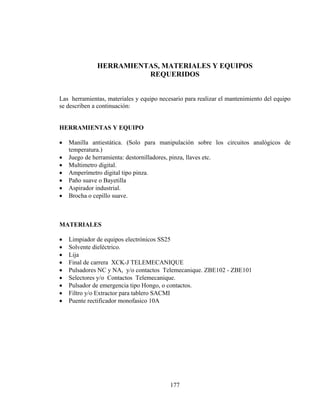 HERRAMIENTAS, MATERIALES Y EQUIPOS
REQUERIDOS
Las herramientas, materiales y equipo necesario para realizar el mantenimiento del equipo
se describen a continuación:
HERRAMIENTAS Y EQUIPO

•
•
•
•
•
•
•

Manilla antiestática. (Solo para manipulación sobre los circuitos analógicos de
temperatura.)
Juego de herramienta: destornilladores, pinza, llaves etc.
Multimetro digital.
Amperímetro digital tipo pinza.
Paño suave o Bayetilla
Aspirador industrial.
Brocha o cepillo suave.

MATERIALES

•
•
•
•
•
•
•
•
•

Limpiador de equipos electrónicos SS25
Solvente dieléctrico.
Lija
Final de carrera XCK-J TELEMECANIQUE
Pulsadores NC y NA, y/o contactos Telemecanique. ZBE102 - ZBE101
Selectores y/o Contactos Telemecanique.
Pulsador de emergencia tipo Hongo, o contactos.
Filtro y/o Extractor para tablero SACMI
Puente rectificador monofasico 10A

177

 