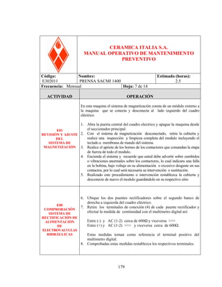 PRENSA SACM 1400

CERAMICA ITALIA S.A.
MANUAL OPERATIVO DE MANTENIMIENTO
PREVENTIVO
Código:
Nombre:
E302011
PRENSA SACMI 1400
Frecuencia: Mensual
Hoja: 7 de 14
ACTIVIDAD

Estimado (horas):
2.5

OPERACIÓN
En esta maquina el sistema de magnetización consta de un módulo externo a
la maquina que se conecta y desconecta al lado izquierdo del cuadro
eléctrico.

1. Abra la puerta central del cuadro electrico y apague la maquina desde
el seccionador principal.
E01
2. Con el sistema de magnetización desconectado, retire la cubierta y
REVISIÓN Y AJUSTE
realice una inspección y limpieza completa del modulo incluyendo el
DEL
teclado a membrana de mando del sistema.
SISTEMA DE
MAGNETIZACIÓN 3. Realice el apriete de los bornes de los contactores que comandan la etapa
de fuerza de todo el modulo.
4. Encienda el sistema y recuerde que usted debe advertir sobre zumbidos
o vibraciones anormales sobre los contactores, lo cual indicara una falla
en la bobina, bajo voltaje en su alimentación o excesivo desgaste en sus
contactos, por lo cual será necesaria su intervención o sustitución.
5. Realizado este procedimiento o intervención restablezca la cubierta y
desconecte de nuevo el modulo guardándolo en su respectivo sitio

E00
COMPROBACIÓN
SISTEMA DE
RECTIFICACIÓN DE
ALIMENTACIÓN
DE
ELECTROVALVULAS
HIDRÁULICAS

6. Ubique los dos puentes rectificadores sobre el segundo banco de
derecha a izquierda del cuadro eléctrico.
7. Retire los terminales de conexión (4) de cada puente rectificador y
efectué la medida de continuidad con el multimetro digital así:
Entre (-) y AC (1-2) cerca de 600Ω y viceversa >>>
Entre (+) y AC (1-2) >>> y viceversa cerca de 600Ω.
Estas medidas toman como referencia el terminal positivo del
multimetro digital.
8. Comprobadas estas medidas restablezca los respectivos terminales.

179

 