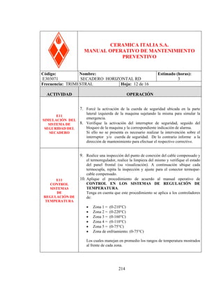 CERAMICA ITALIA S.A.
MANUAL OPERATIVO DE MANTENIMIENTO
PREVENTIVO
Código:
Nombre:
E303071
SECADERO HORIZONTAL RD
Frecuencia: TRIMESTRAL
Hoja: 12 de 16
ACTIVIDAD

Estimado (horas):
3

OPERACIÓN

7. Forcé la activación de la cuerda de seguridad ubicada en la parte
E11
SIMULACIÓN DEL
SISTEMA DE
SEGURIDAD DEL
SECADERO

lateral izquierda de la maquina sujetando la misma para simular la
emergencia.
8. Verifique la activación del interruptor de seguridad, seguido del
bloqueo de la maquina y la correspondiente indicación de alarma.
Si ello no se presenta es necesario realizar la intervención sobre el
interruptor y/o cuerda de seguridad. De lo contrario informe a la
dirección de mantenimiento para efectuar el respectivo correctivo.

9. Realice una inspección del punto de conexión del cable compensado y

E11
CONTROL
SISTEMAS
DE
REGULACIÓN DE
TEMPERATURA

el termoregulador, realice la limpieza del mismo y verifique el estado
del panel frontal (su visualización). A continuación ubique cada
termocupla, repita la inspección y ajuste para el conector termoparcable compensado.
10. Aplique el procedimiento de acuerdo al manual operativo de
CONTROL EN LOS SISTEMAS DE REGULACIÓN DE
TEMPERATURA.
Tenga en cuenta que este procedimiento se aplica a los controladores
de:
•
•
•
•
•
•

Zona 1 = (0-210°C)
Zona 2 = (0-220°C)
Zona 3 = (0-160°C)
Zona 4 = (0-110°C)
Zona 5 = (0-75°C)
Zona de enfriamiento. (0-75°C)

Los cuales manejan en promedio los rangos de temperatura mostrados
al frente de cada zona.

HORIZONTAL RD

214

 