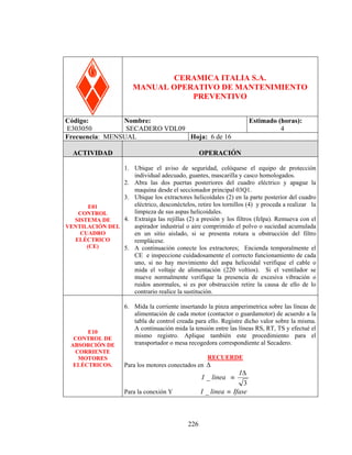 VDL09

CERAMICA ITALIA S.A.
MANUAL OPERATIVO DE MANTENIMIENTO
PREVENTIVO
Código:
Nombre:
E303050
SECADERO VDL09
Frecuencia: MENSUAL
Hoja: 6 de 16
ACTIVIDAD

Estimado (horas):
4

OPERACIÓN

1. Ubique el aviso de seguridad, colóquese el equipo de protección
individual adecuado, guantes, mascarilla y casco homologados.
2. Abra las dos puertas posteriores del cuadro eléctrico y apague la
maquina desde el seccionador principal 03Q1.
3. Ubique los extractores helicoidales (2) en la parte posterior del cuadro
eléctrico, desconéctelos, retire los tornillos (4) y proceda a realizar la
E01
limpieza de sus aspas helicoidales.
CONTROL
4. Extraiga las rejillas (2) a presión y los filtros (felpa). Remueva con el
SISTEMA DE
aspirador industrial o aire comprimido el polvo o suciedad acumulada
VENTILACIÓN DEL
CUADRO
en un sitio aislado, si se presenta rotura u obstrucción del filtro
ELÉCTRICO
remplácese.
(CE)
5. A continuación conecte los extractores; Encienda temporalmente el
CE e inspeccione cuidadosamente el correcto funcionamiento de cada
uno, si no hay movimiento del aspa helicoidal verifique el cable o
mida el voltaje de alimentación (220 voltios). Si el ventilador se
mueve normalmente verifique la presencia de excesiva vibración o
ruidos anormales, si es por obstrucción retire la causa de ello de lo
contrario realice la sustitución.

E10
CONTROL DE
ABSORCIÓN DE
CORRIENTE
MOTORES
ELÉCTRICOS.

6. Mida la corriente insertando la pinza amperimetrica sobre las líneas de
alimentación de cada motor (contactor o guardamotor) de acuerdo a la
tabla de control creada para ello. Registre dicho valor sobre la misma.
A continuación mida la tensión entre las líneas RS, RT, TS y efectué el
mismo registro. Aplique también este procedimiento para el
transportador o mesa recogedora correspondiente al Secadero.
RECUERDE
Para los motores conectados en ∆

I∆
3
I _ linea ≡ Ifase
VDL09
I _ linea ≡

Para la conexión Y

226

 