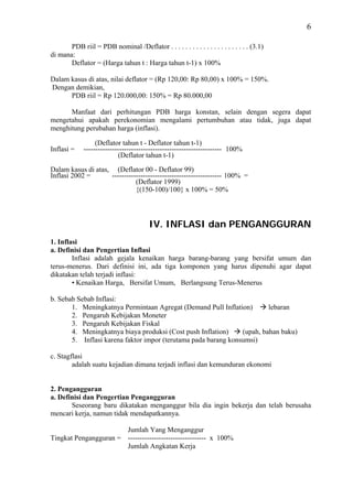 6

       PDB riil = PDB nominal /Deflator . . . . . . . . . . . . . . . . . . . . . . (3.1)
di mana:
       Deflator = (Harga tahun t : Harga tahun t-1) x 100%

Dalam kasus di atas, nilai deflator = (Rp 120,00: Rp 80,00) x 100% = 150%.
Dengan demikian,
      PDB riil = Rp 120.000,00: 150% = Rp 80.000,00

      Manfaat dari perhitungan PDB harga konstan, selain dengan segera dapat
mengetahui apakah perekonomian mengalami pertumbuhan atau tidak, juga dapat
menghitung perubahan harga (inflasi).

                  (Deflator tahun t - Deflator tahun t-1)
Inflasi =    ---------------------------------------------------------- 100%
                           (Deflator tahun t-1)

Dalam kasus di atas, (Deflator 00 - Deflator 99)
Inflasi 2002 =      ---------------------------------------------- 100% =
                              (Deflator 1999)
                              {(150-100)/100} x 100% = 50%




                                         IV. INFLASI dan PENGANGGURAN
1. Inflasi
a. Definisi dan Pengertian Inflasi
        Inflasi adalah gejala kenaikan harga barang-barang yang bersifat umum dan
terus-menerus. Dari definisi ini, ada tiga komponen yang harus dipenuhi agar dapat
dikatakan telah terjadi inflasi:
        • Kenaikan Harga, Bersifat Umum, Berlangsung Terus-Menerus

b. Sebab Sebab Inflasi:
       1. Meningkatnya Permintaan Agregat (Demand Pull Inflation)        lebaran
       2. Pengaruh Kebijakan Moneter
       3. Pengaruh Kebijakan Fiskal
       4. Meningkatnya biaya produksi (Cost push Inflation)     (upah, bahan baku)
       5. Inflasi karena faktor impor (terutama pada barang konsumsi)

c. Stagflasi
        adalah suatu kejadian dimana terjadi inflasi dan kemunduran ekonomi


2. Pengangguran
a. Definisi dan Pengertian Pengangguran
       Seseorang baru dikatakan menganggur bila dia ingin bekerja dan telah berusaha
mencari kerja, namun tidak mendapatkannya.

                       Jumlah Yang Menganggur
Tingkat Pengangguran = --------------------------------- x 100%
                       Jumlah Angkatan Kerja
 