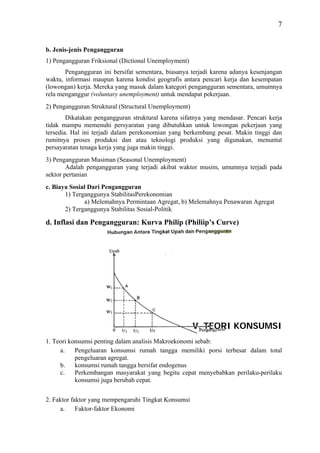 7


b. Jenis-jenis Pengangguran
1) Pengangguran Friksional (Dictional Unemployment)
       Pengangguran ini bersifat sementara, biasanya terjadi karena adanya kesenjangan
waktu, informasi maupun karena kondisi geografis antara pencari kerja dan kesempatan
(lowongan) kerja. Mereka yang masuk dalam kategori pengangguran sementara, umumnya
rela menganggur (voluntary unemployment) untuk mendapat pekerjaan.
2) Pengangguran Struktural (Structural Unemployment)
        Dikatakan pengangguran struktural karena sifatnya yang mendasar. Pencari kerja
tidak mampu memenuhi persyaratan yang dibutuhkan untuk lowongan pekerjaan yang
tersedia. Hal ini terjadi dalam perekonomian yang berkembang pesat. Makin tinggi dan
rumitnya proses produksi dan atau teknologi produksi yang digunakan, menuntut
persayaratan tenaga kerja yang juga makin tinggi.
3) Pengangguran Musiman (Seasonal Unemployment)
        Adalah pengangguran yang terjadi akibat waktor musim, umumnya terjadi pada
sektor pertanian
c. Biaya Sosial Dari Pengangguran
       1) Terganggunya StabilitasPerekonomian
              a) Melemahnya Permintaan Agregat, b) Melemahnya Penawaran Agregat
       2) Terganggunya Stabilitas Sosial-Politik

d. Inflasi dan Pengangguran: Kurva Philip (Philiip’s Curve)




                                                       V. TEORI KONSUMSI
1. Teori konsumsi penting dalam analisis Makroekonomi sebab:
     a.    Pengeluaran konsumsi rumah tangga memiliki porsi terbesar dalam total
           pengeluaran agregat.
     b.    konsumsi rumah tangga bersifat endogenus
     c.    Perkembangan masyarakat yang begitu cepat menyebabkan perilaku-perilaku
           konsumsi juga berubah cepat.


2. Faktor faktor yang mempengaruhi Tingkat Konsumsi
     a.     Faktor-faktor Ekonomi
 
