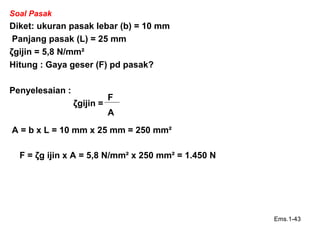 Soal Pasak
Diket: ukuran pasak lebar (b) = 10 mm
Panjang pasak (L) = 25 mm
ζgijin = 5,8 N/mm²
Hitung : Gaya geser (F) pd pasak?
Penyelesaian :
ζgijin =
Ems.1-43
F
A
A = b x L = 10 mm x 25 mm = 250 mm²
F = ζg ijin x A = 5,8 N/mm² x 250 mm² = 1.450 N
 