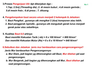 3.Proses Pengerjaan Ulir dpt dikerjakan dgn :
1.Tap; 2.Snij (Threading die) ;3. di mesin bubut ; 4.di mesin gerinda ;
5.di mesin frais ; 6.di press ; 7. dituang.
4. Pengelompokan baut secara umum menjadi 2 kelompok & Jelaskan:
1. Baut Pengikat , gunanya utk mengikat 2 (dua) komponen atau lebih.
2. Baut penggerak /spindle , gunanya utk mengubah gerak lurus menjadi
gerak putar atau sebaliknya.
5. Kualitas Baut 8.8 artinya:
Baut memiliki Kekuatan Tarik ( σb) = 8 x 100 N/mm² = 800 N/mm²
Dan memiliki Kekuatan Mulur (Re) = 8 x 8 x 10 N/mm² = 640 N/mm²
6.Sebutkan dan Jelaskan jenis mur berdasarkan cara pengencangannya?
Jenis Mur berdasarkan Pengencangannya:
a. Mur Diam, jadi bagian yg dikencangkan adl Baut, Mur ditahan pd saat
pengencangan.
b. Mur Bergerak, jadi bagian yg dikencangkan adl Mur, Baut ditahan pd
saat pengencangan.
Ke 1
 