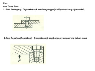 Ems1
Apa Guna Baut:
1. Baut Pemegang: Digunakan utk sambungan yg dpt dilepas-pasang dgn mudah.
2.Baut Penahan (Pencekam) : Digunakan utk sambungan yg menerima beban /gaya
 