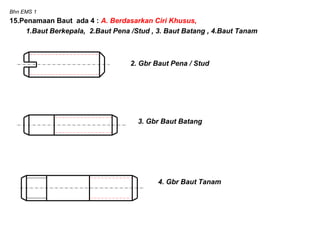 Bhn EMS 1
15.Penamaan Baut ada 4 : A. Berdasarkan Ciri Khusus,
1.Baut Berkepala, 2.Baut Pena /Stud , 3. Baut Batang , 4.Baut Tanam
2. Gbr Baut Pena / Stud
3. Gbr Baut Batang
4. Gbr Baut Tanam
 