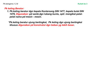 Pk.kelngems.1.2-8
Pk keling Beralur:
1. Pk.keling beralur dgn kepala Kontersang DIN 1477, kepala bulat DIN
1476, Digunakan: pd samb.dgn lubang buntu, spti: mengikat pelat-
pelat nama pd mesin - mesin.
*Pk.keling beralur ujung bertingkat, Pk keling dgn ujung bertingkat
khusus digunakan pd konstruksi dgn beban yg lebih besar.
Kuliah ke 3
 