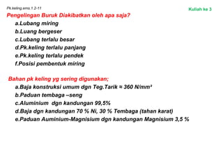 Pk.keling.ems.1.2-11
Pengelingan Buruk Diakibatkan oleh apa saja?
a.Lubang miring
b.Luang bergeser
c.Lubang terlalu besar
d.Pk.keling terlalu panjang
e.Pk.keling terlalu pendek
f.Posisi pembentuk miring
Bahan pk keling yg sering digunakan;
a.Baja konstruksi umum dgn Teg.Tarik ≈ 360 N/mm²
b.Paduan tembaga –seng
c.Aluminium dgn kandungan 99,5%
d.Baja dgn kandungan 70 % Ni, 30 % Tembaga (tahan karat)
e.Paduan Auminium-Magnisium dgn kandungan Magnisium 3,5 %
Kuliah ke 3
 